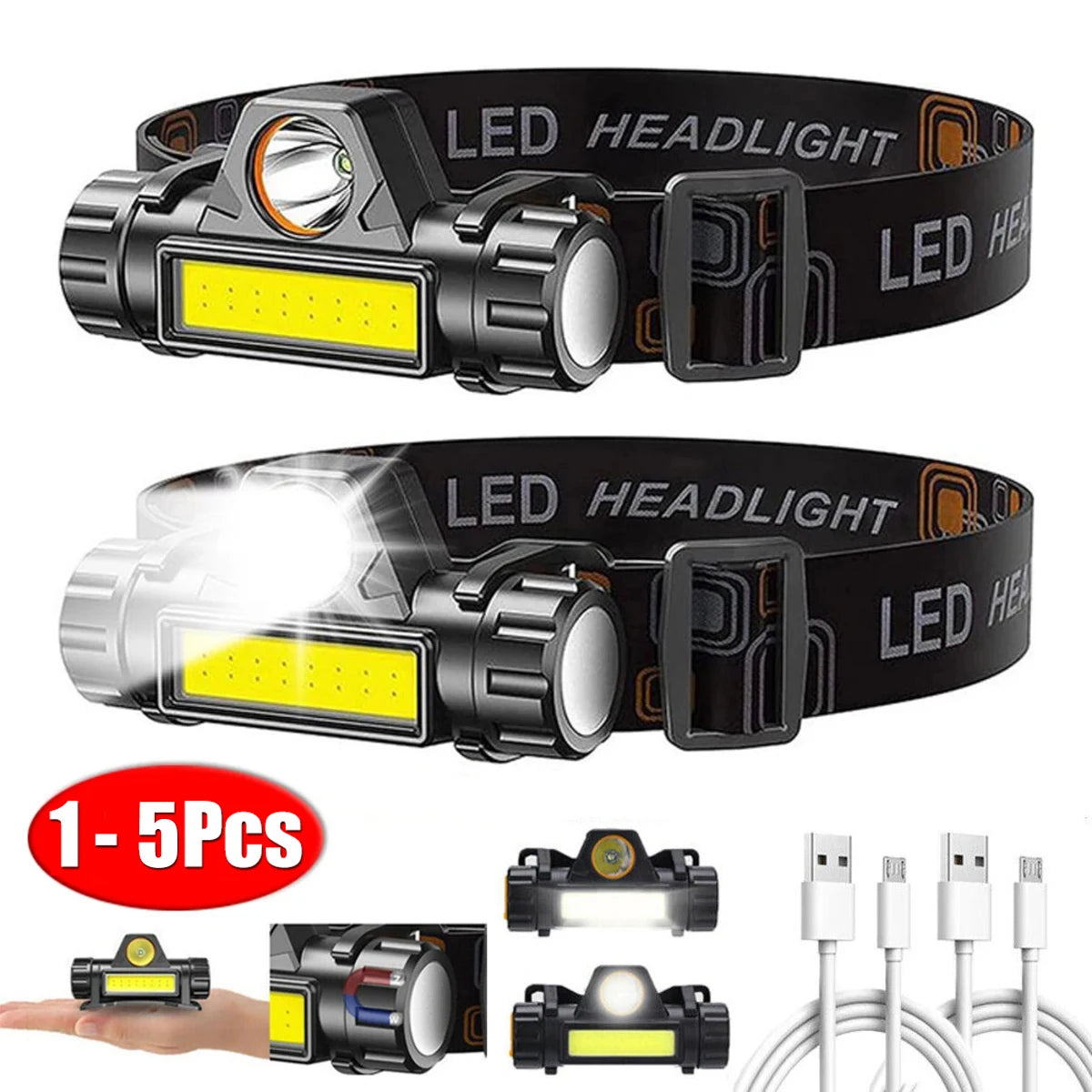 lampe frontale led noir clip camping pêche nuit haute luminosité étanche rechargeable usb