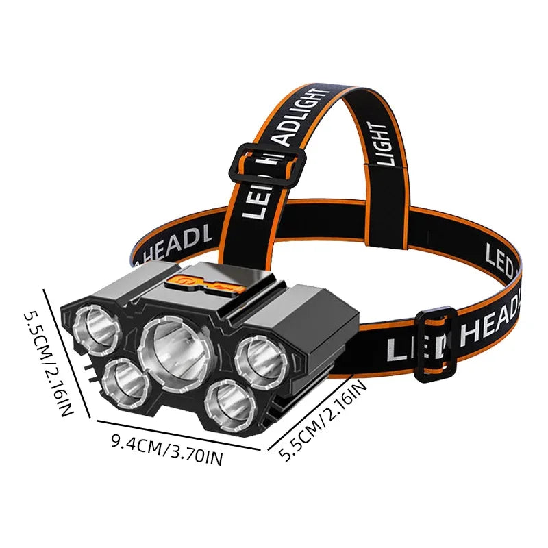 lampe frontale led rechargeable noire bandes orange gris camping aventure pêche torchon adjustable élastique