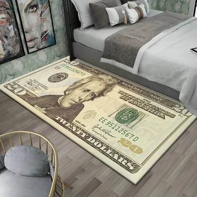 tapis décoratif moderne motif billets banque bitcoin bleu blanc noir doré salon chambre maison