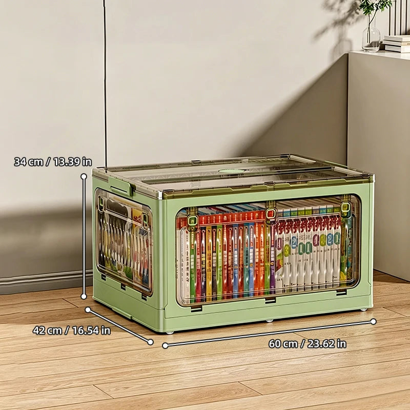 boîtes rangement livres transparentes couleurs beige verte orange moderne pliables pratiques