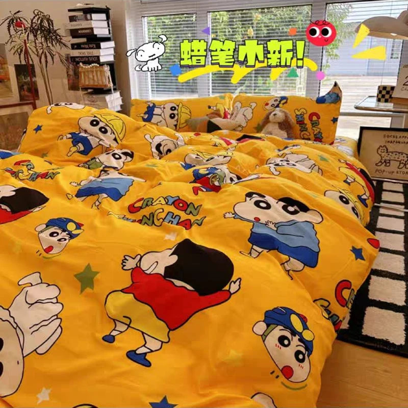 ensemble lit parure shin chan dessins animés jaune blanc bleu motifs géométriques oreillers modernes