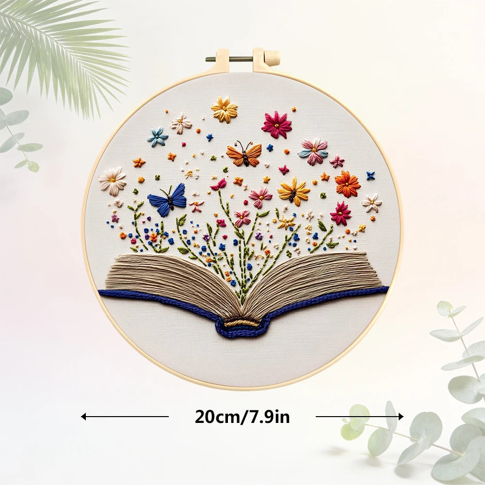 kit broderie fleurs papillons bohème livres imprimés toile couleurs variées aiguilles fils instructions débutants