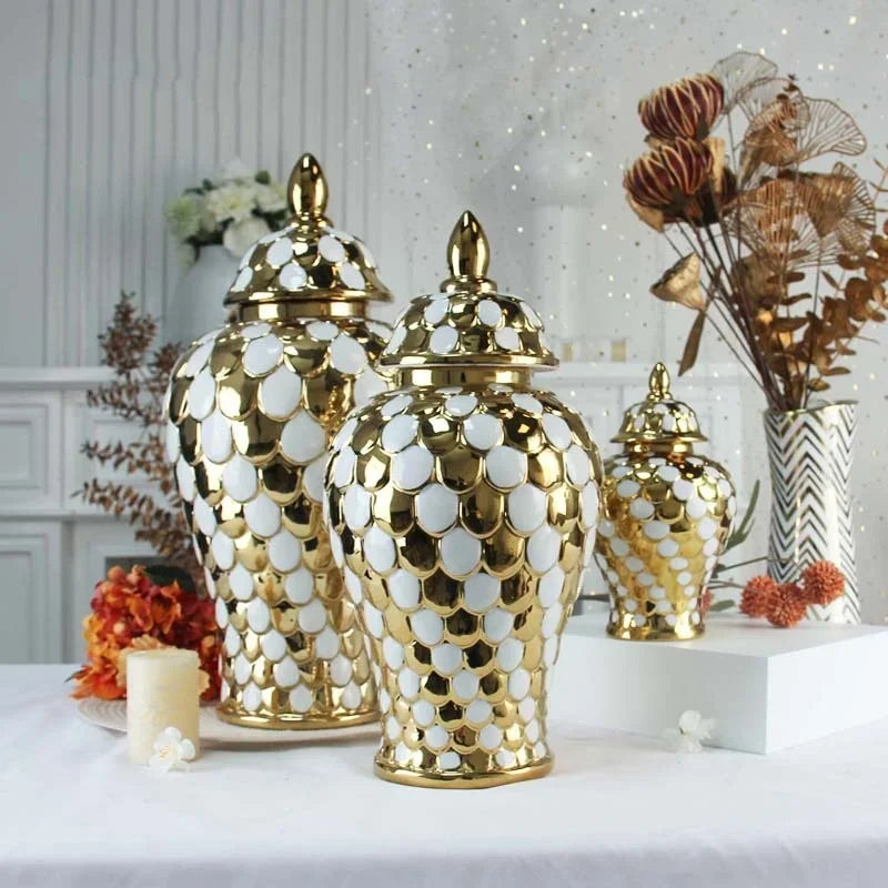 vases décoratifs modernes or blanc argentés motifs ronds couvercles assortis