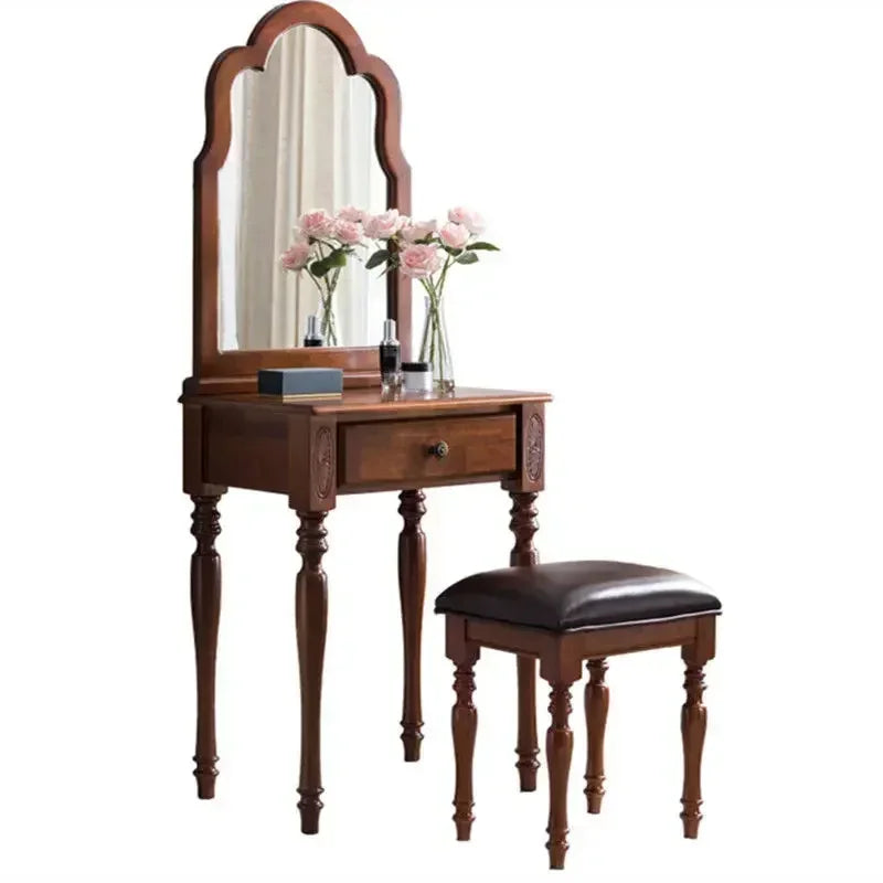 maquillage classique miroir intégré tabouret cuir bois chêne marronclair multifonctionnel chambre