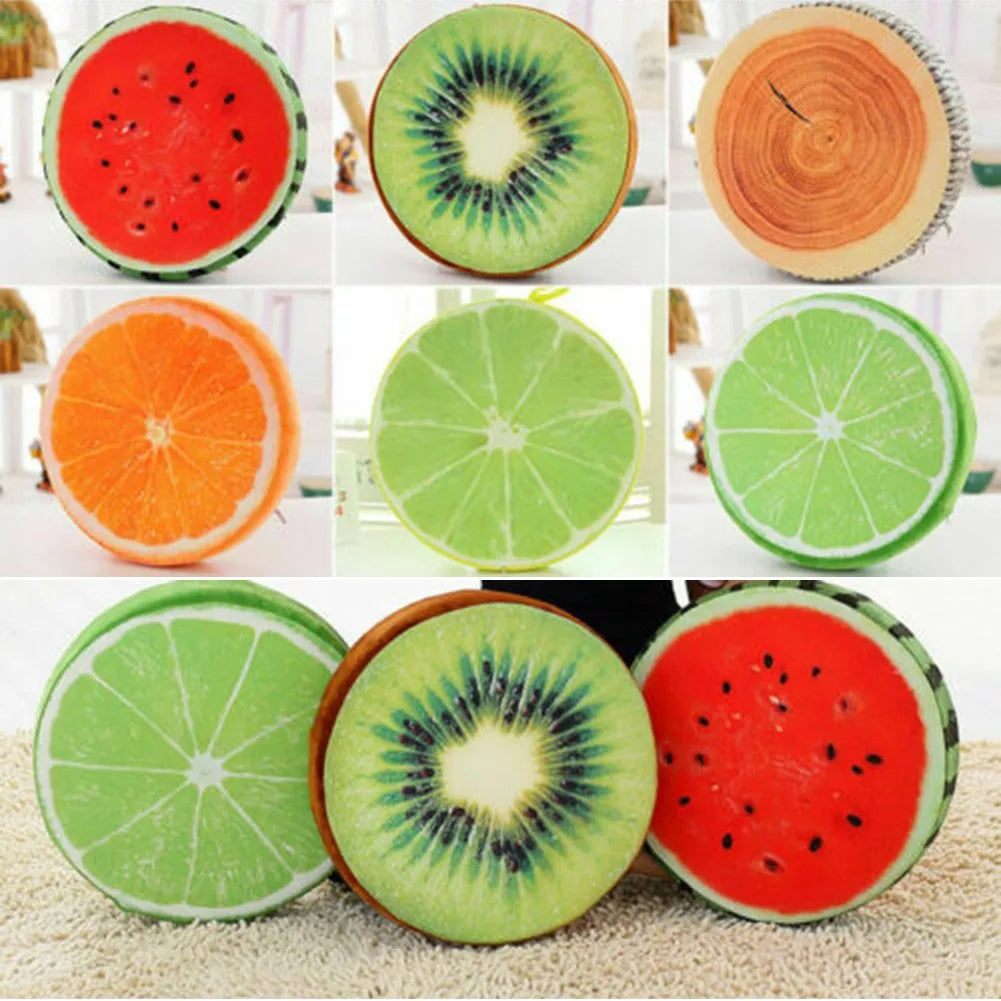 coussins fruits réalistes pastèque kiwi orange tronc arbre rouge vert orangeclair