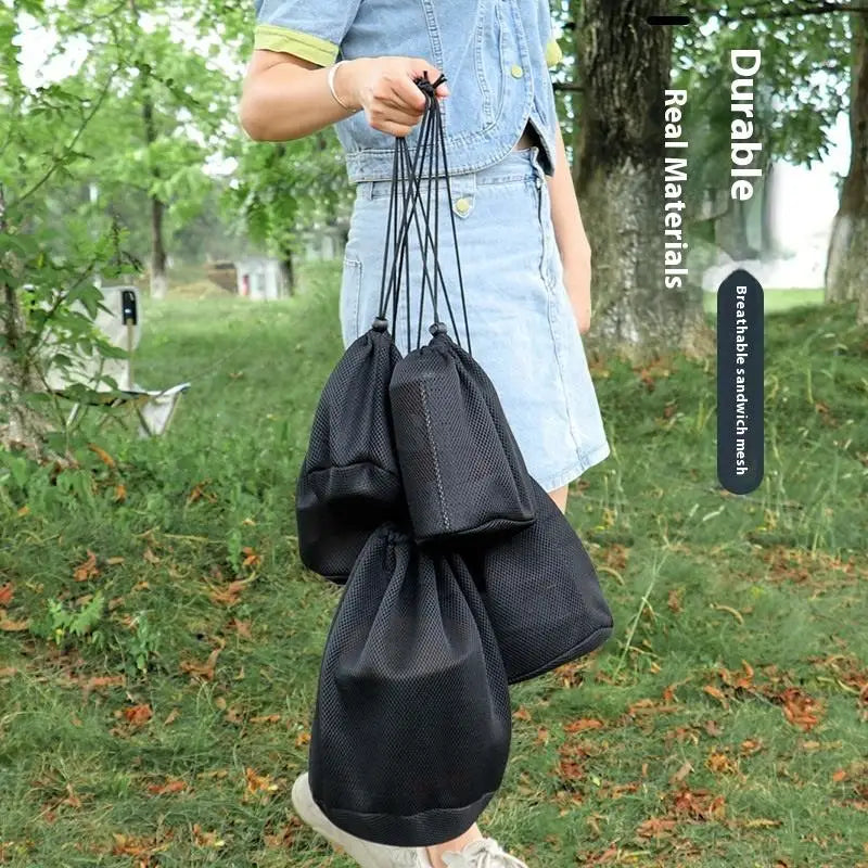 sac cordons noir maille pratique rangement camping cuisine pique nique barbecue vaisselle portatif organizer