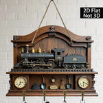 horloge murale vintage bois clair miniature train plaques metalliques retro
