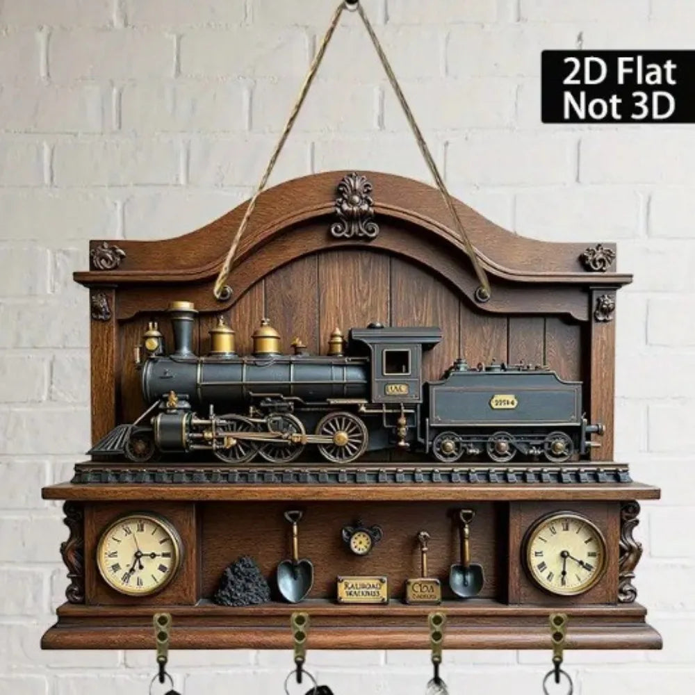 horloge murale vintage bois clair miniature train plaques metalliques retro