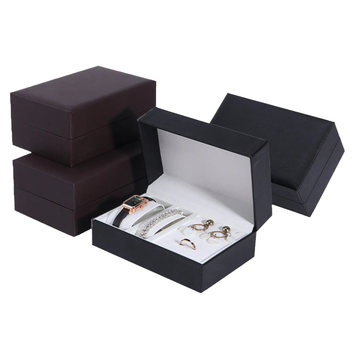 boîtes bijoux simili cuir noir rouge vert classiques rangement montres bracelets boucles d'oreilles