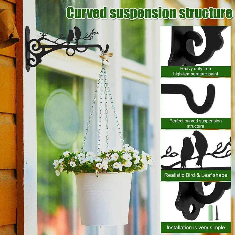 support plante suspendu oiseaux stylisés motifs floraux vis mural noir artisanal