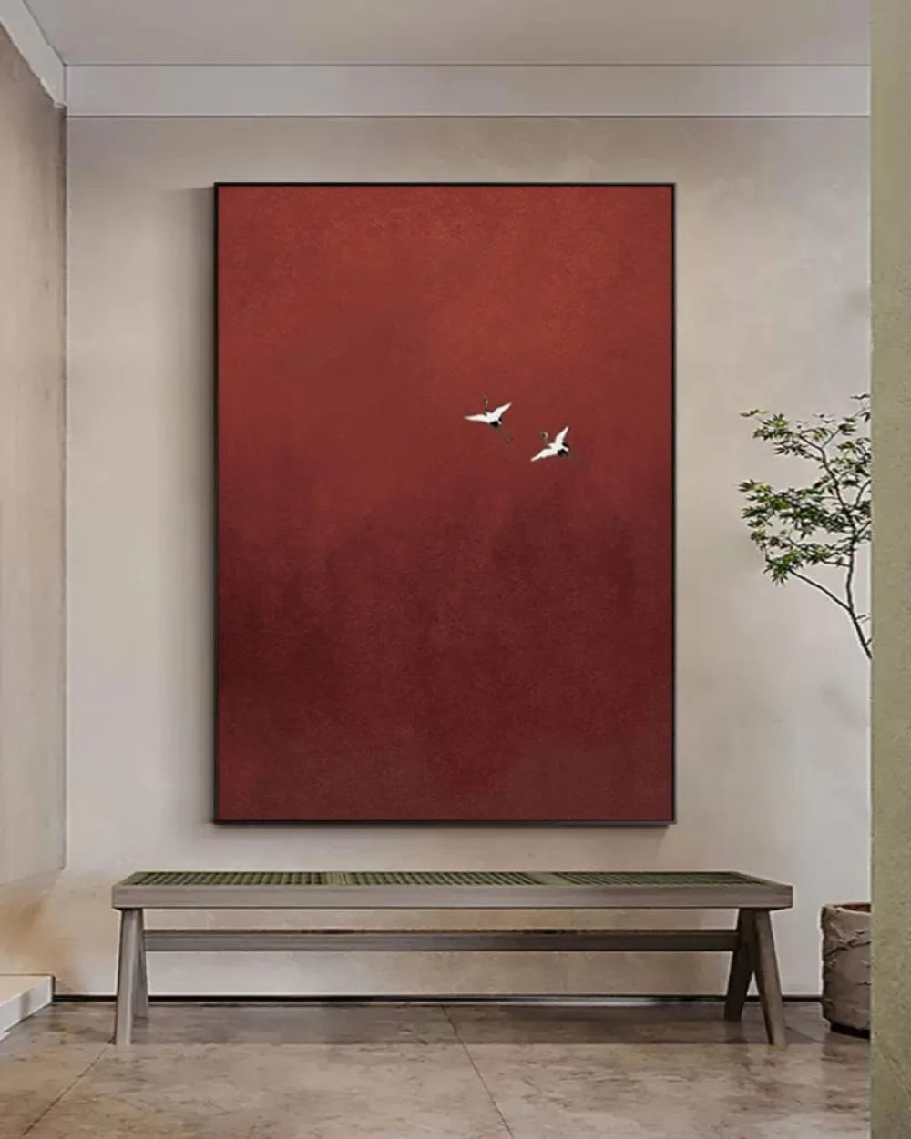 tableau decoratif toile rouge fond blanc oiseaux vol texturé abstrait minimaliste sans cadre various