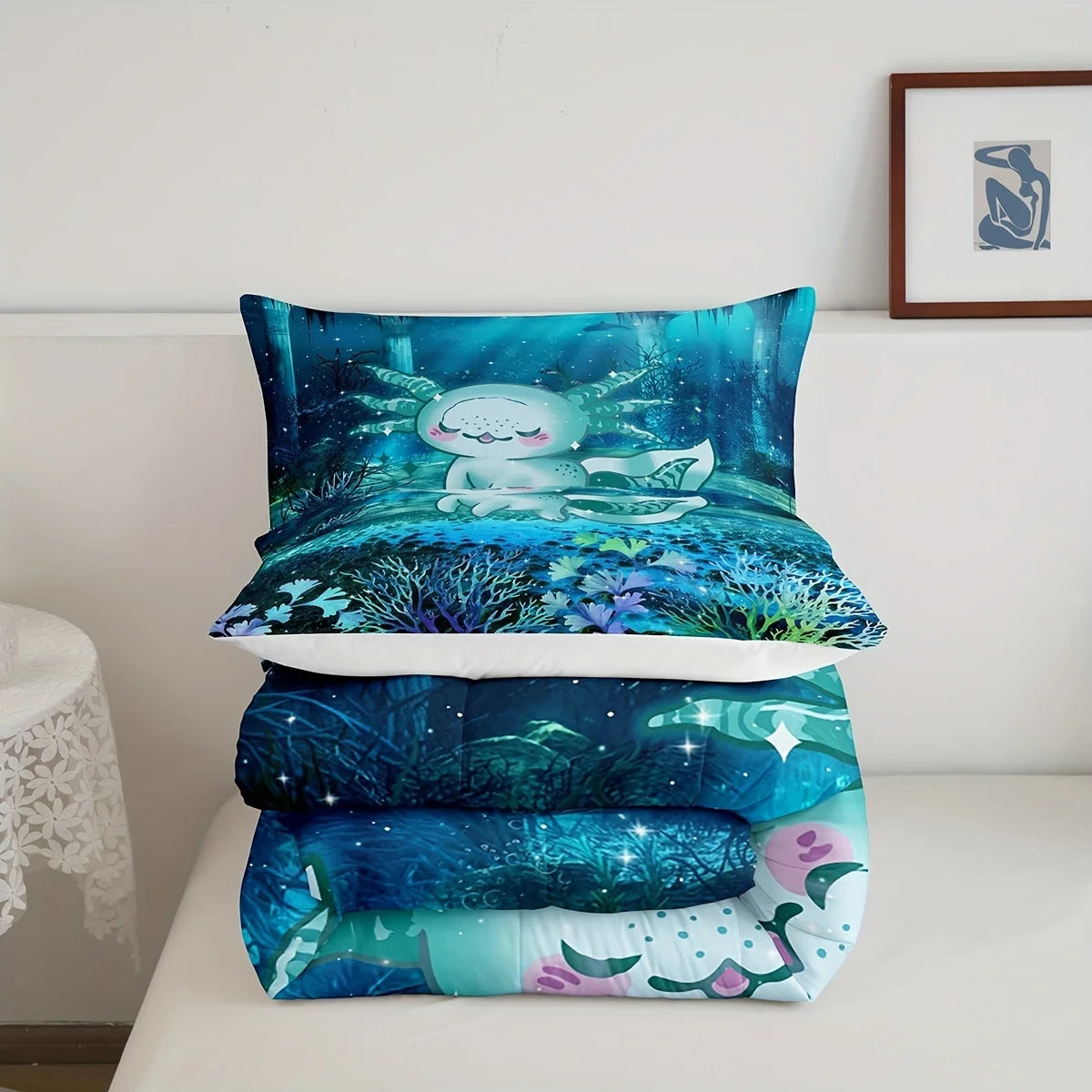 ensemble literie thème sous marin poissons coraux algues moderne bleu vert blanc rose