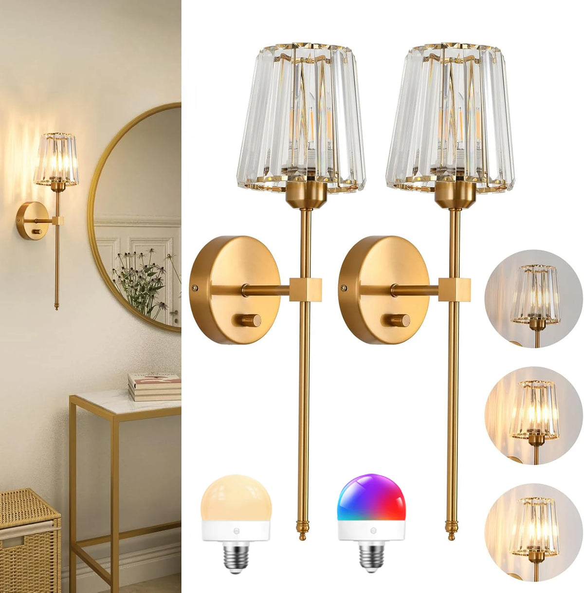applique murale led or moderne abat jour transparent cristal élégante interrupteur rotatif chambre salon