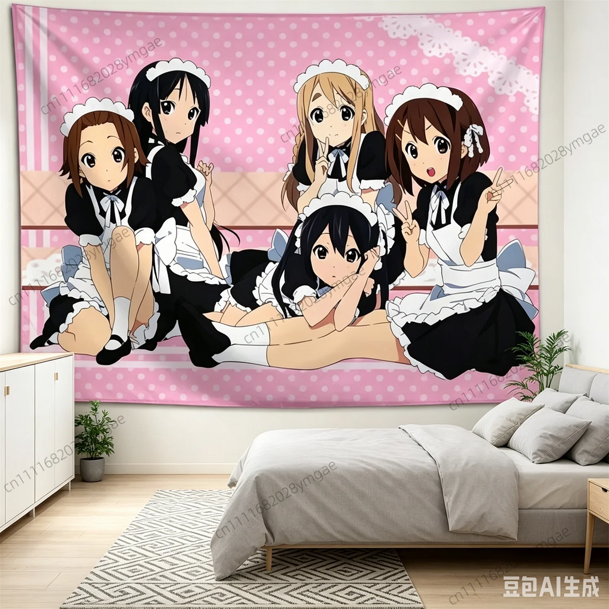 tapisserie anime mignonne pois blanc fond rose bordure dentelle chambre adolescente decoration murale