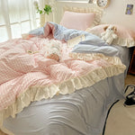 ensemble literie rose doux carreaux beige volants taies oreiller couvre lit romantique ultra frais