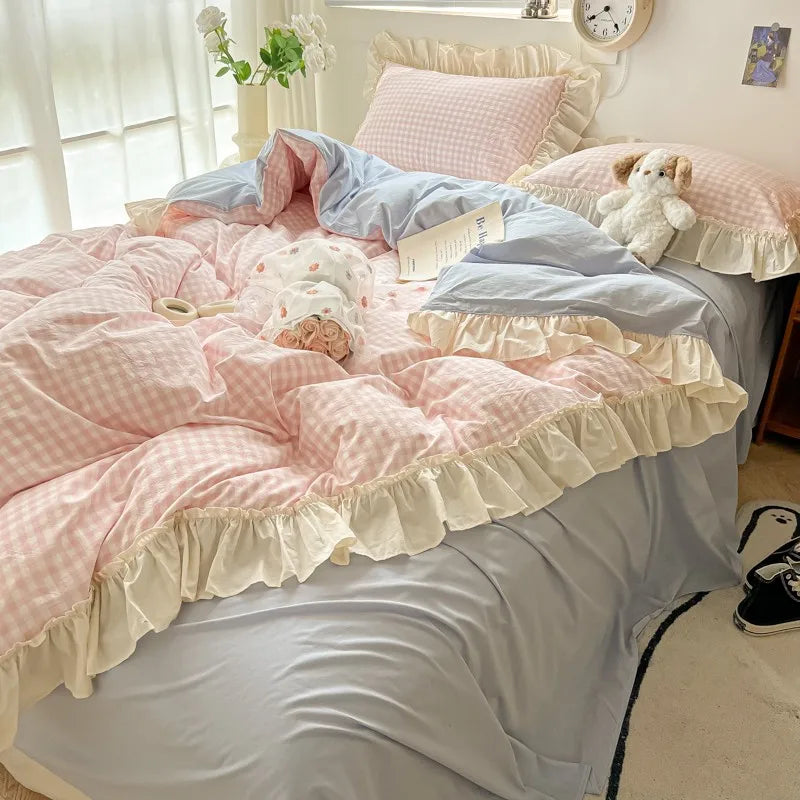 ensemble literie rose doux carreaux beige volants taies oreiller couvre lit romantique ultra frais