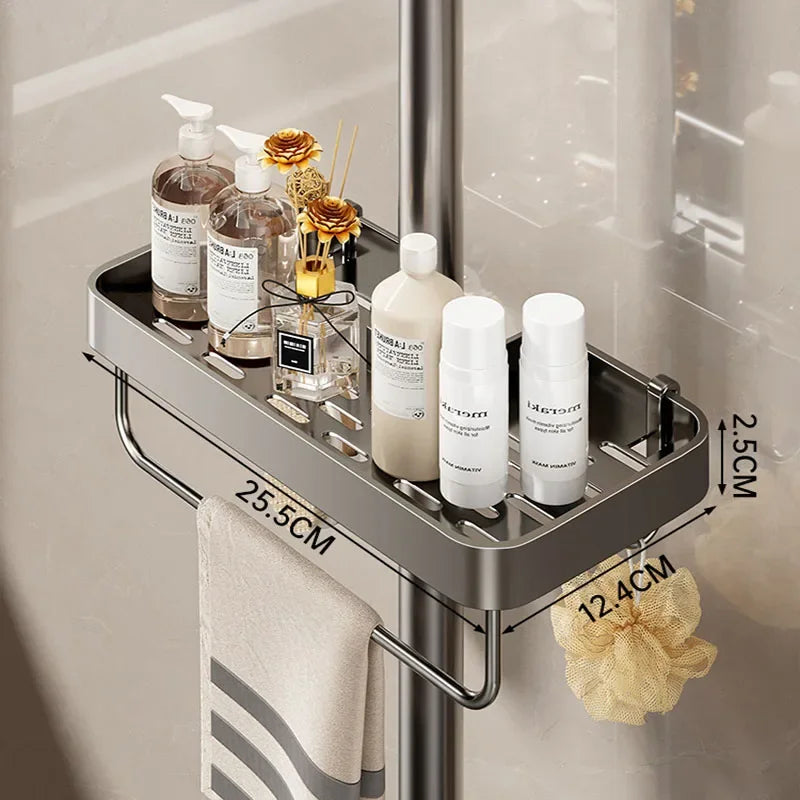 étagère douche moderne aluminium gris lisse salle bain fixée sans percer plateau shampooing cosmétique