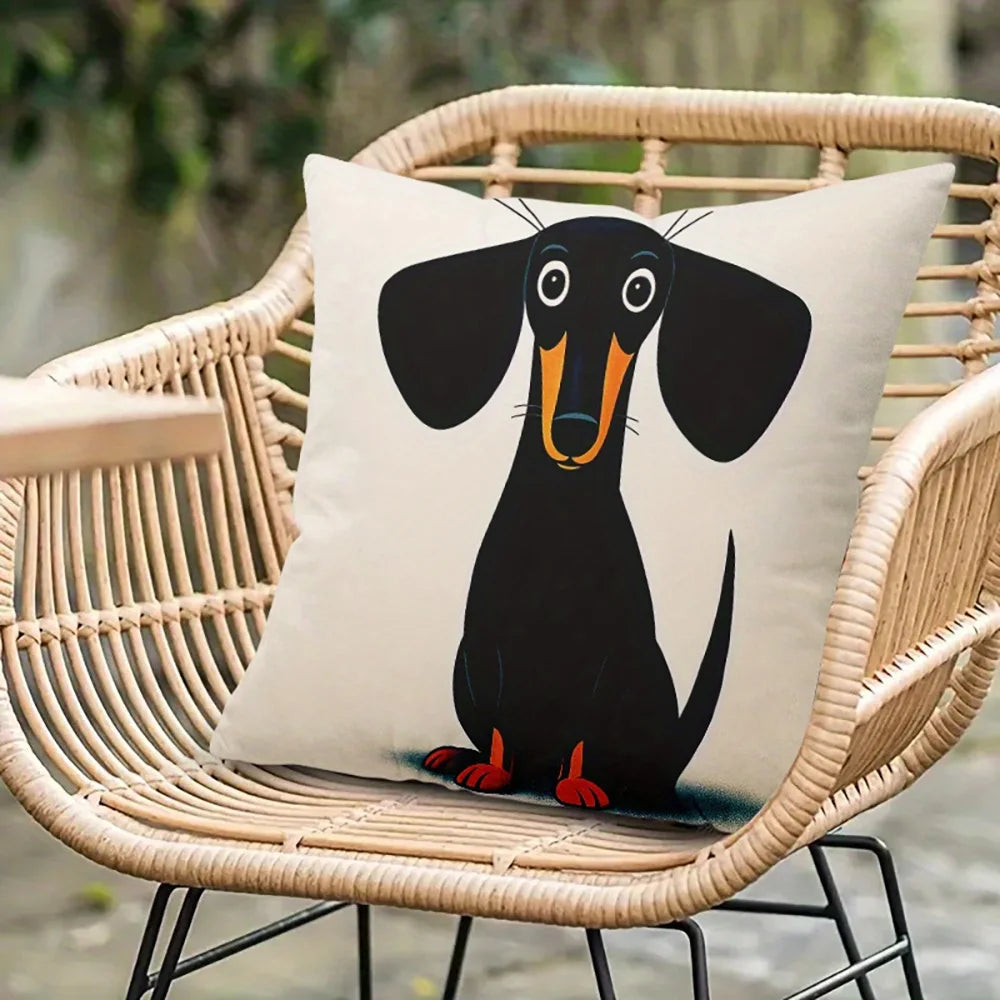 housse coussin carrée motif chien cartoon beige oeil blanc museau orange pattes rouges polyester