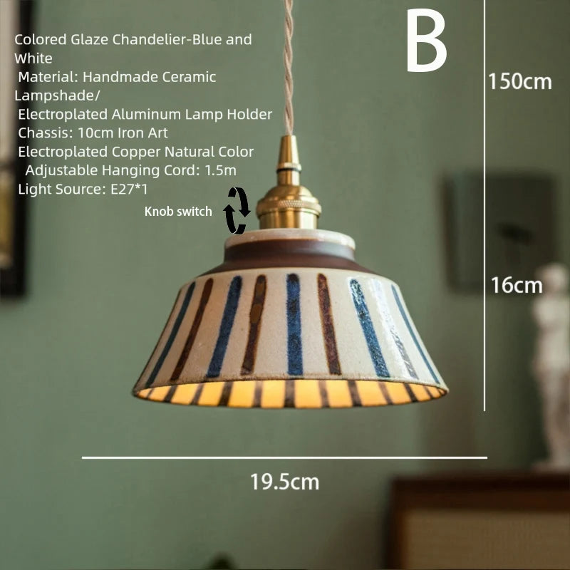 lampe suspendue vintage blanc bleu fleurs rayures cordon ajustable ampoule E27 chambre salon restaurant