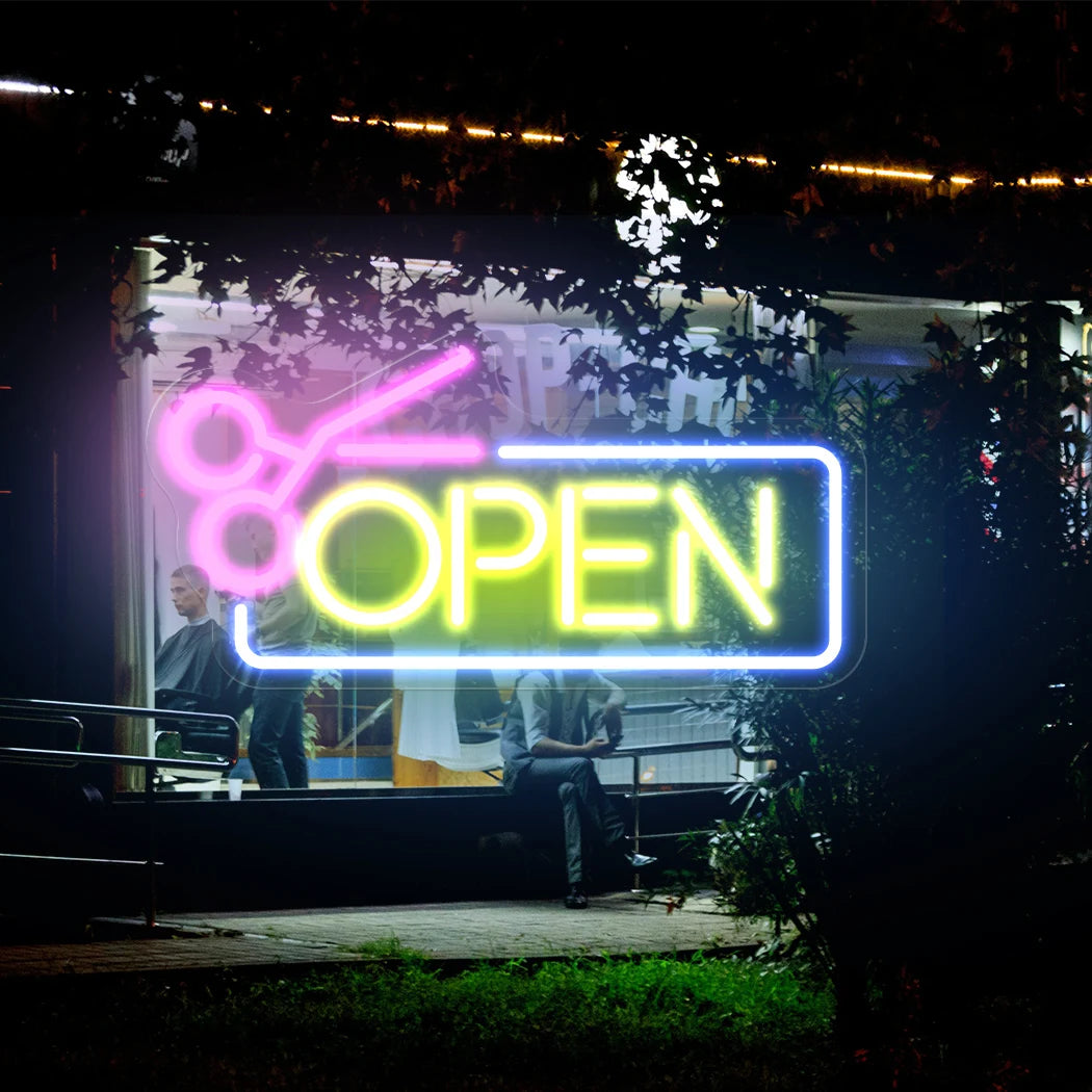 enseigne lumineuse néon open ciseaux rose bleu vert blanc led usb
