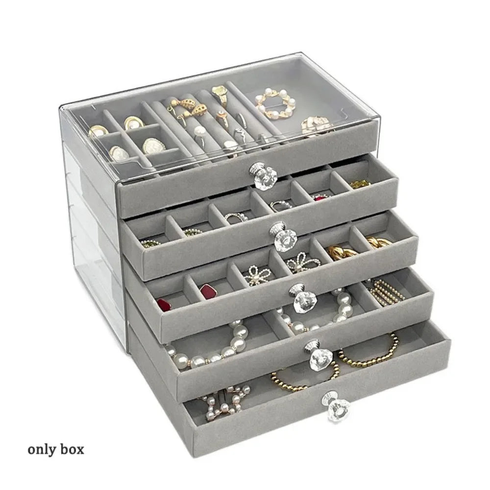boîtes bijoux velours transparentes modernes rangement boucles oreilles bagues bracelets colliers poignées chic