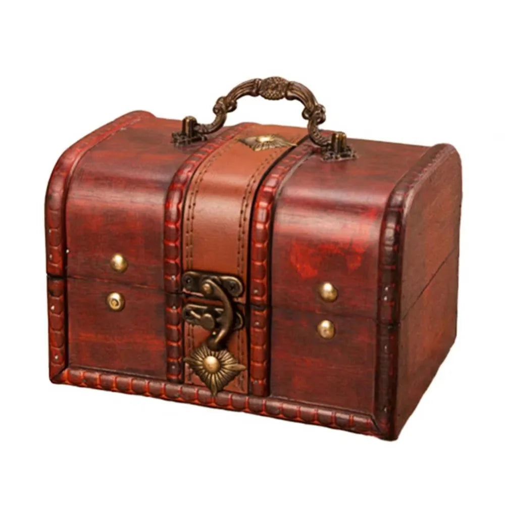 coffre bijoux vintage coffre bois rétro marron foncé ornements dorés serrure clé poignée