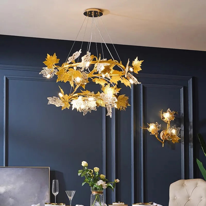 lustre moderne cristal feuilles d'érable organique suspension câbles chambre salon