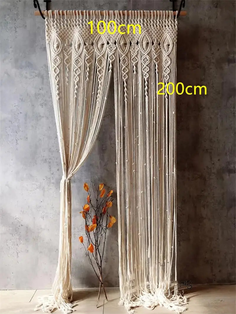 rideau macramé blanc crème motifs géométriques franges boho chic crochet métallique