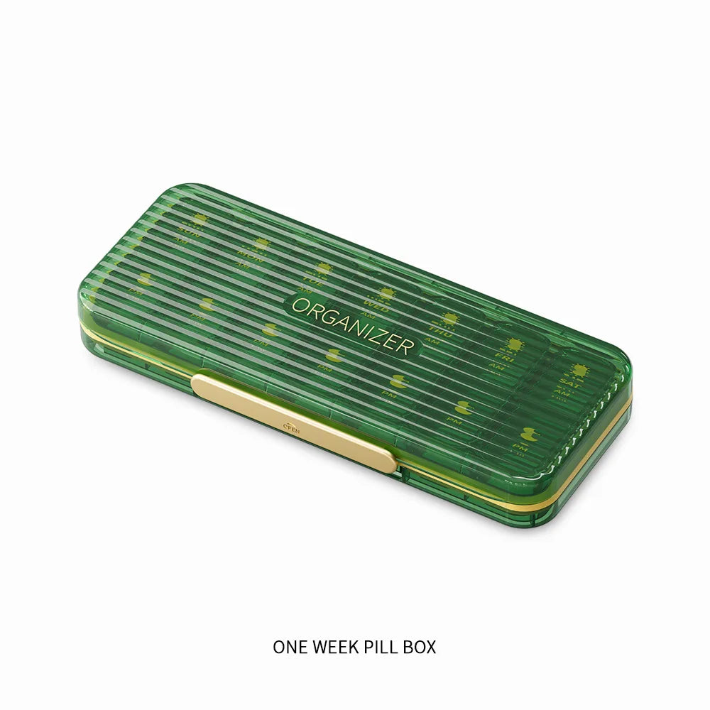 boîte rangement pilules voyage étanche noir vert bleu 14 compartiments moderne pratique
