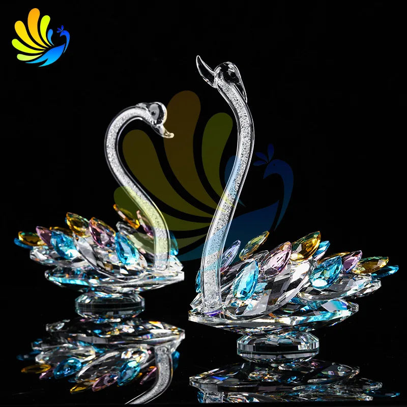Sculpture cygne cristal plumes colorées transparent moderne décoration intérieure verte bleu jaune rose