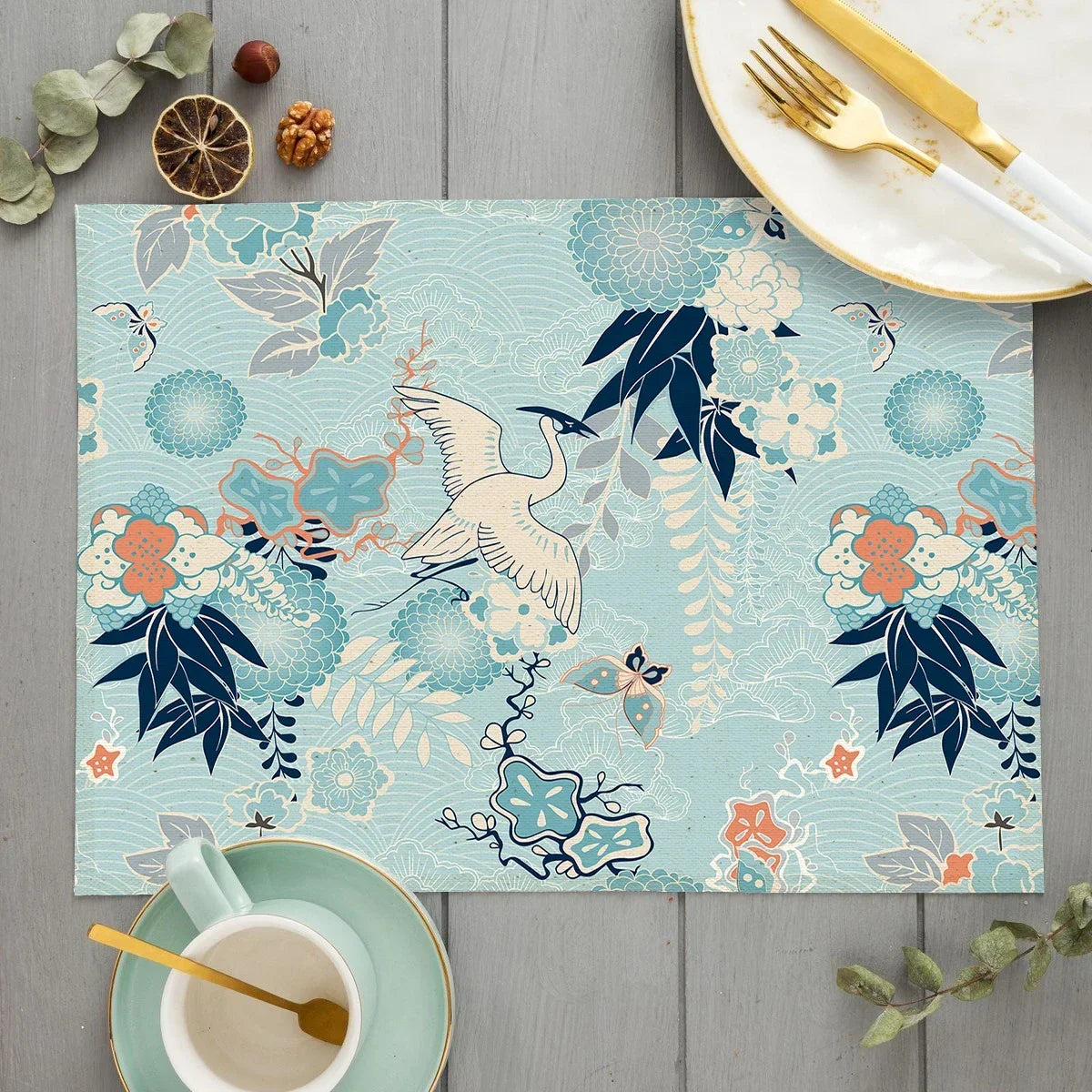 tapis table art japonais traditionnel fleurs motifs géométriques bleu vert rouge beige