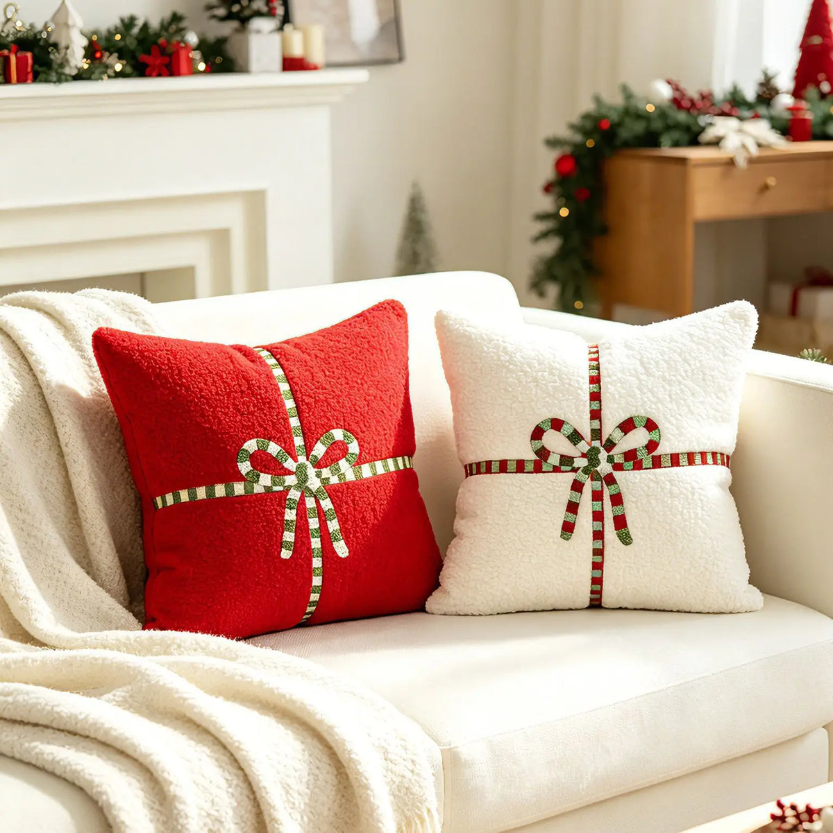 coussin carré noël brodé rouge blanc texture bouclée festif décoration intérieure polyester 45x45cm