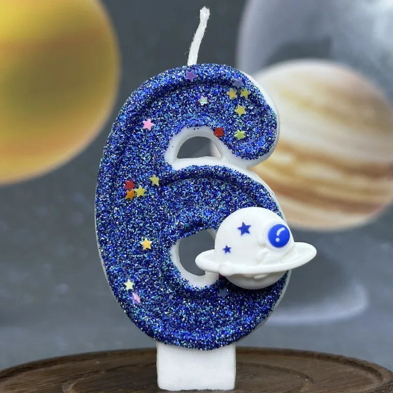 bougies numéraires bleu pailleté motif étoiles thème espace anniversaire mariage fiançailles tringle