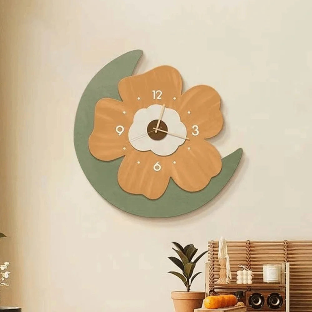 horloge murale fleur décorative moderne orange verte blanche imitation bois champêtre