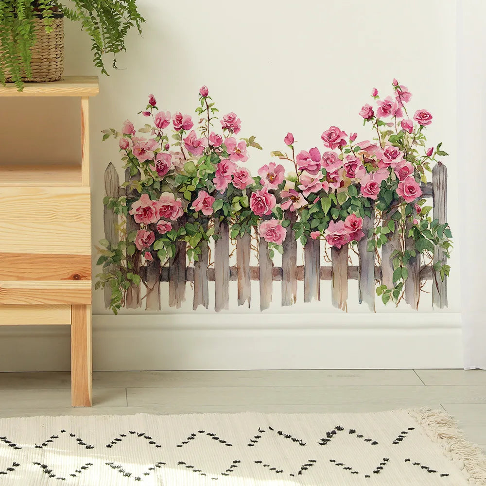 autocollants muraux adhésifs roses feuilles clôture bois décor maison salon chambre pastorale moderne simplicité