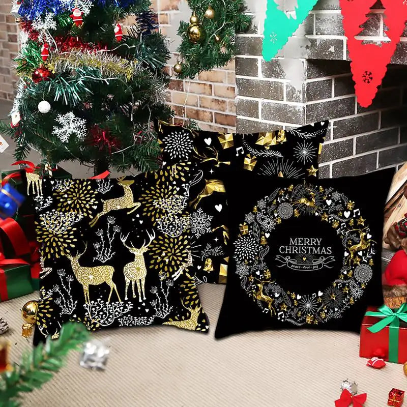 housse coussin noël motifs cerfs flocons étoiles or noir festive decoration fixations