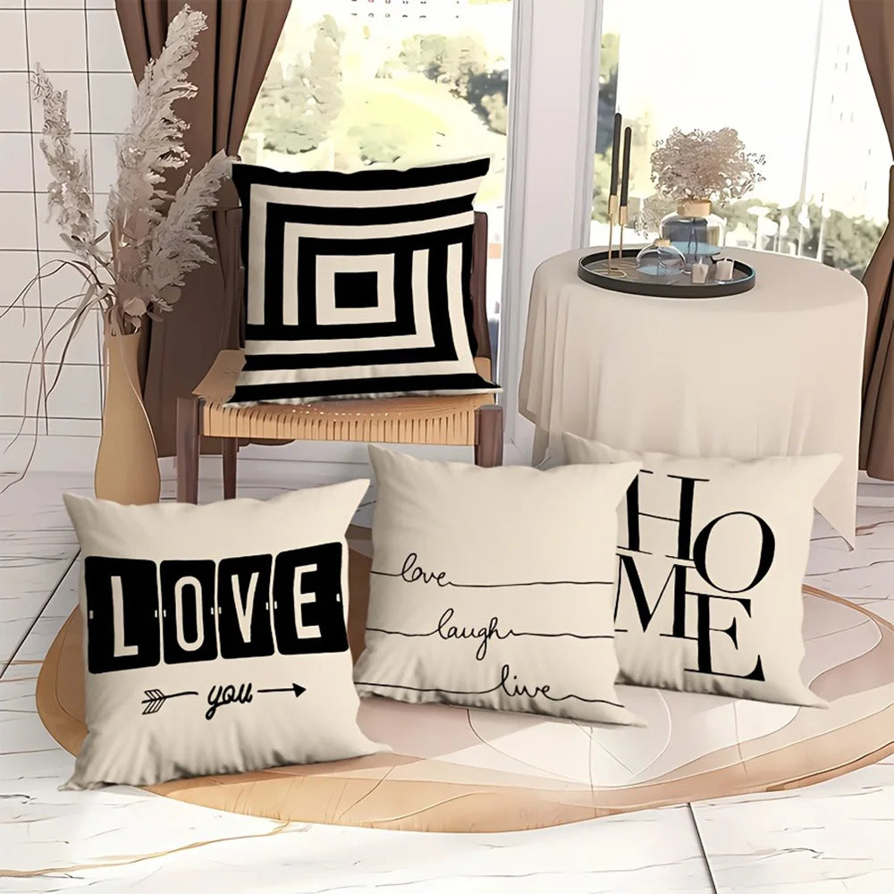 taies d'oreiller jacquard géométriques moderne non toxique 45x45cm polyester coton beige noir motifs textes