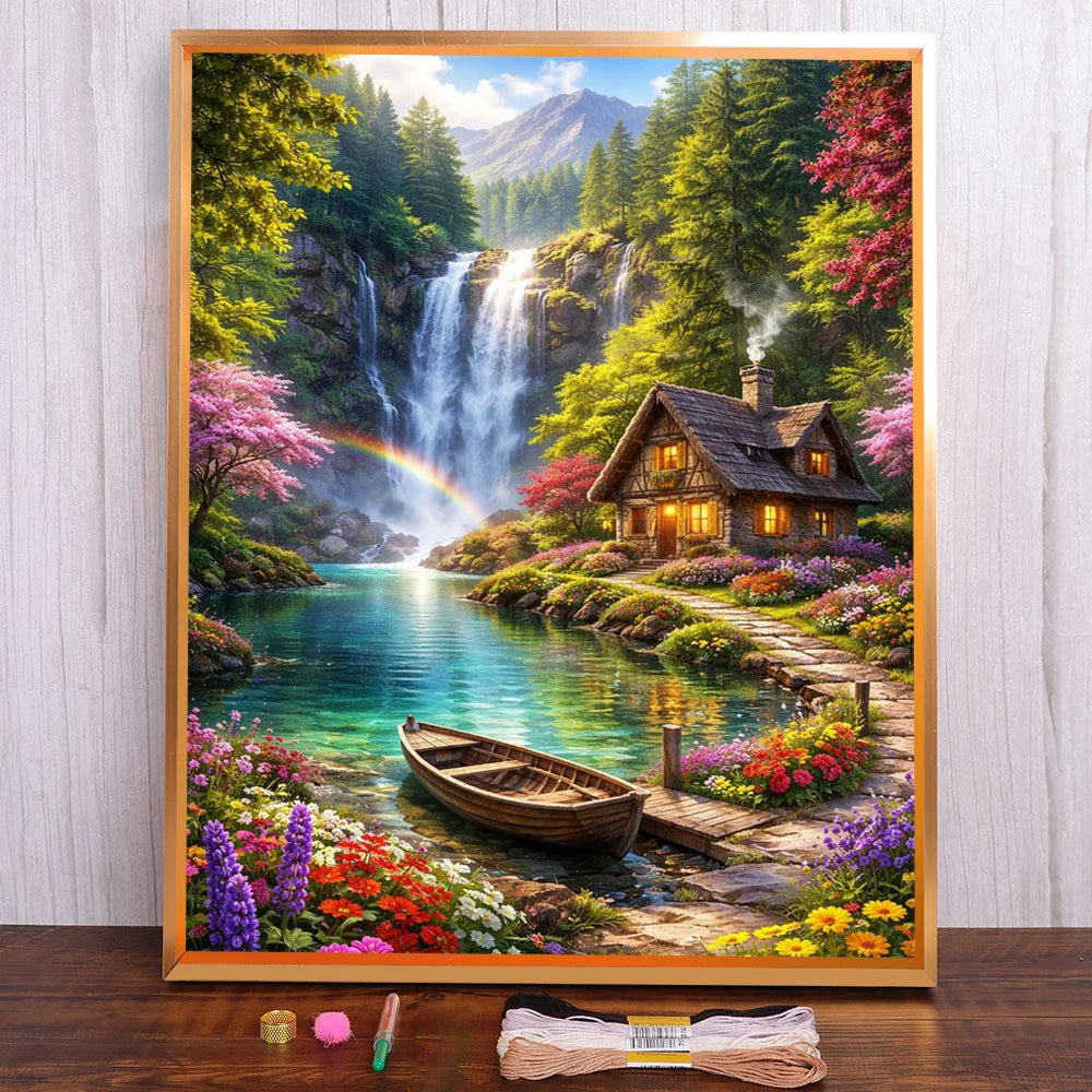 tableau paysage cascade fleurs maison arc ciel broderie point croix toile coton multicolore cadre