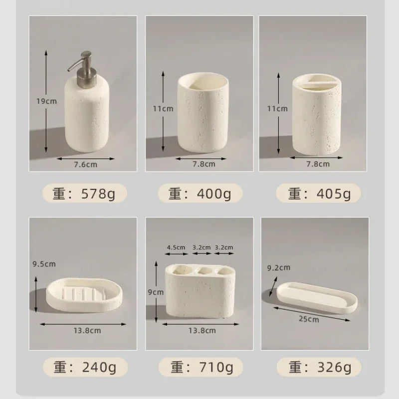 ensemble salle bain moderne blanc texturé distributeur savon gobelet support brosse dents plateau électrique