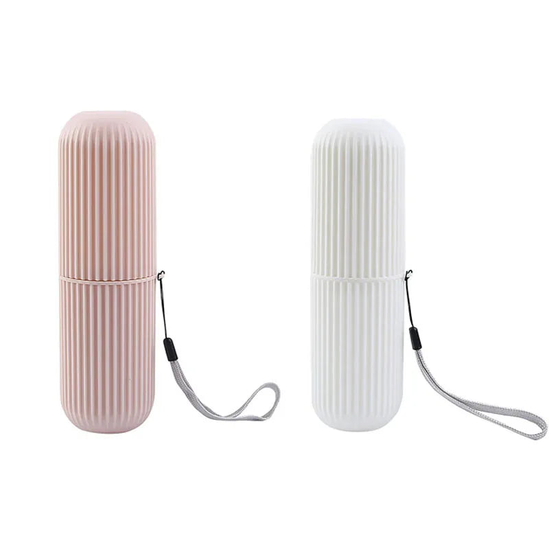 boîte brosse dents gris rose blanc rayures verticales moderne minimaliste respectueux environnement cordelette voyage