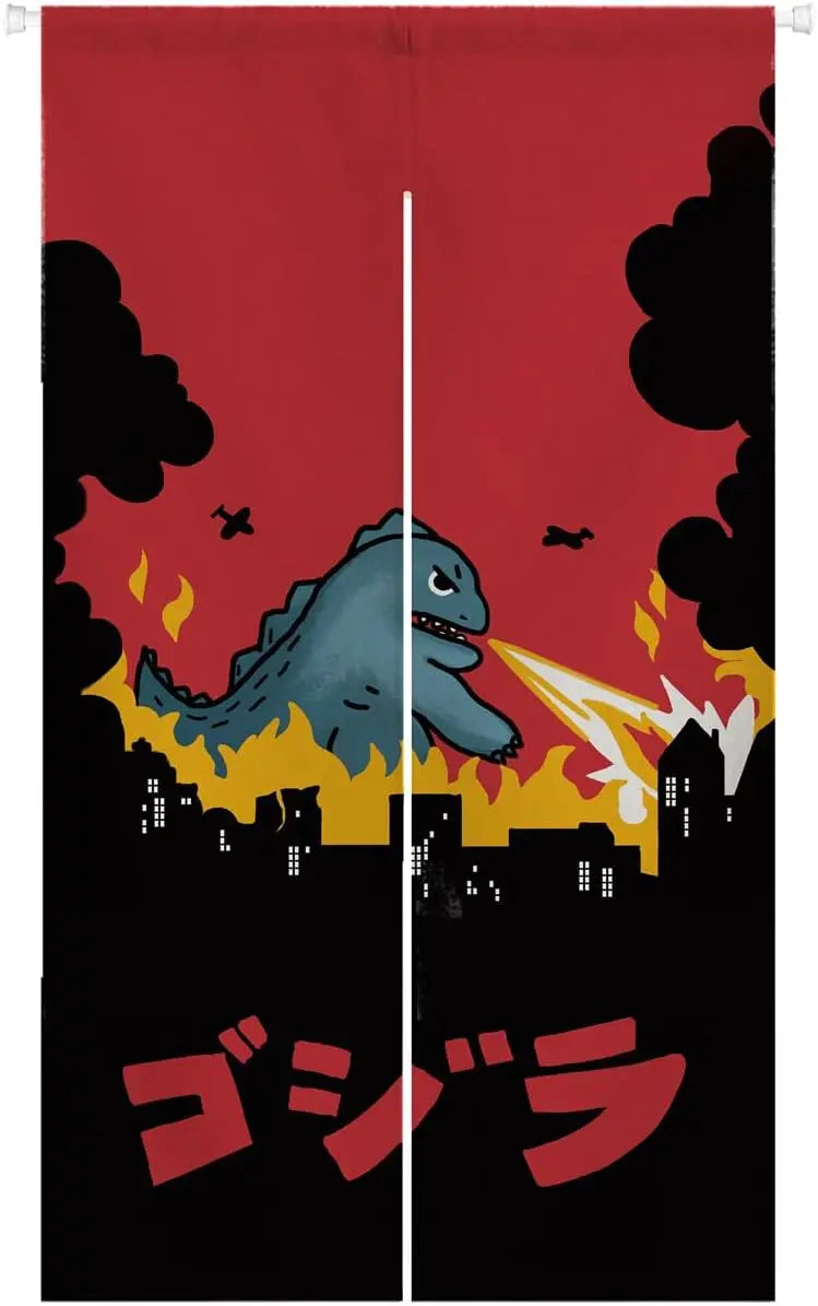 rideau japonais noren monster Godzilla illustration flammes explosion couleurs rouge noir cuisine entrée