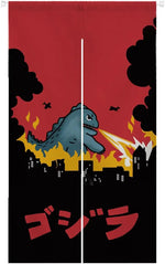 rideau japonais noren monster Godzilla illustration flammes explosion couleurs rouge noir cuisine entrée