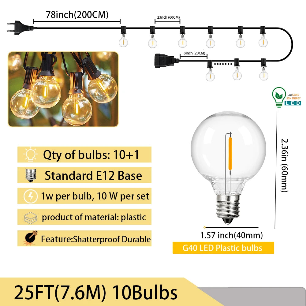 guirlande lumineuse transparente globes dorés moderne 25ft 110v 10 ampoules g40 clips