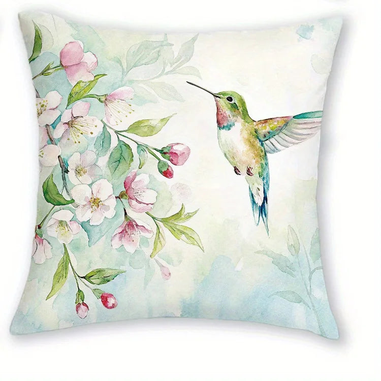 housses coussins carrés fleurs oiseaux printemps polyester blanc opacité zipper lit canapé décoration