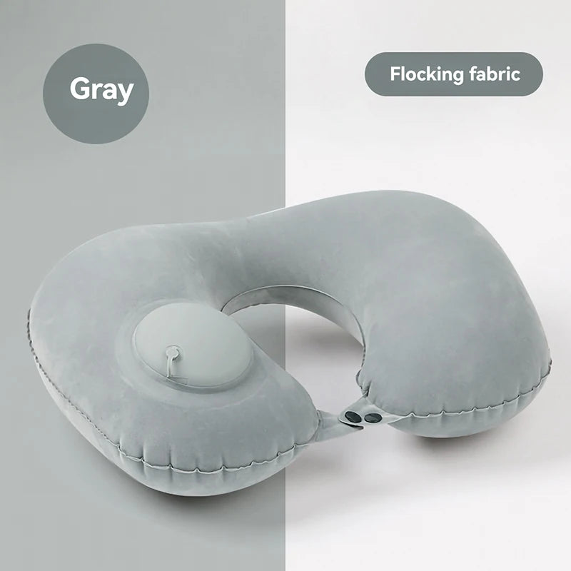 oreiller voyage gonflable forme cou bleu polyester ergonomique valve gonflageextérieur support confortable