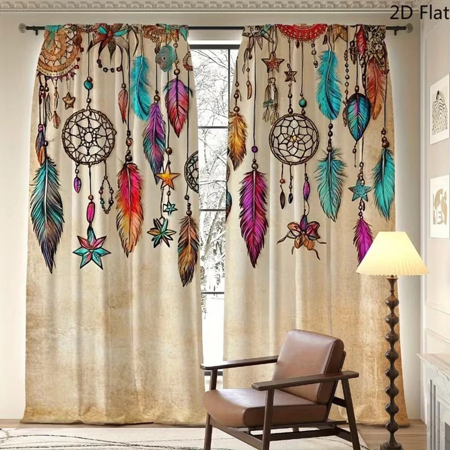 rideau ethnique bohème imprimé plumes étoiles anneaux beige multicolore moderne maison
