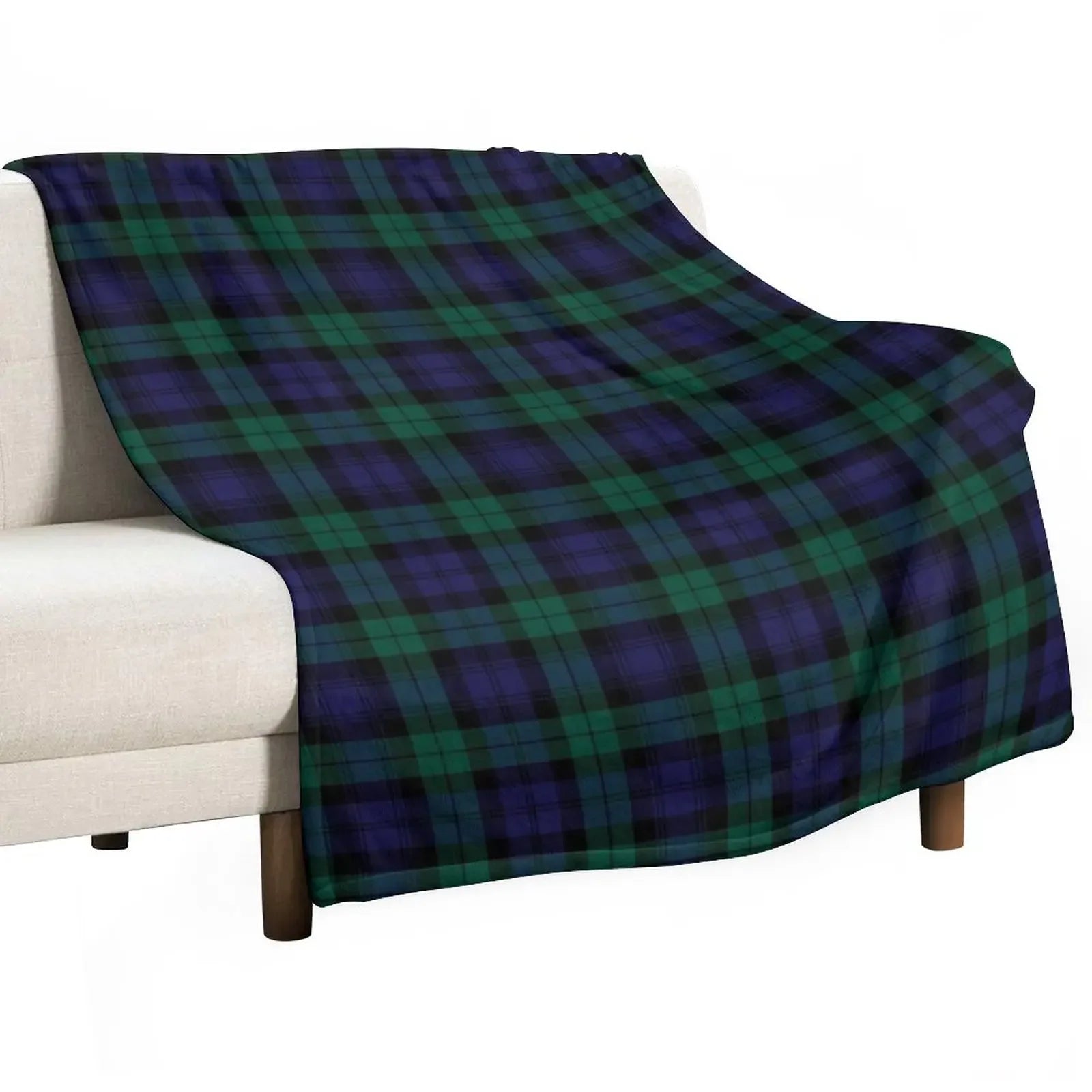 Couverture tartan moderne bleu et vert sur canapé