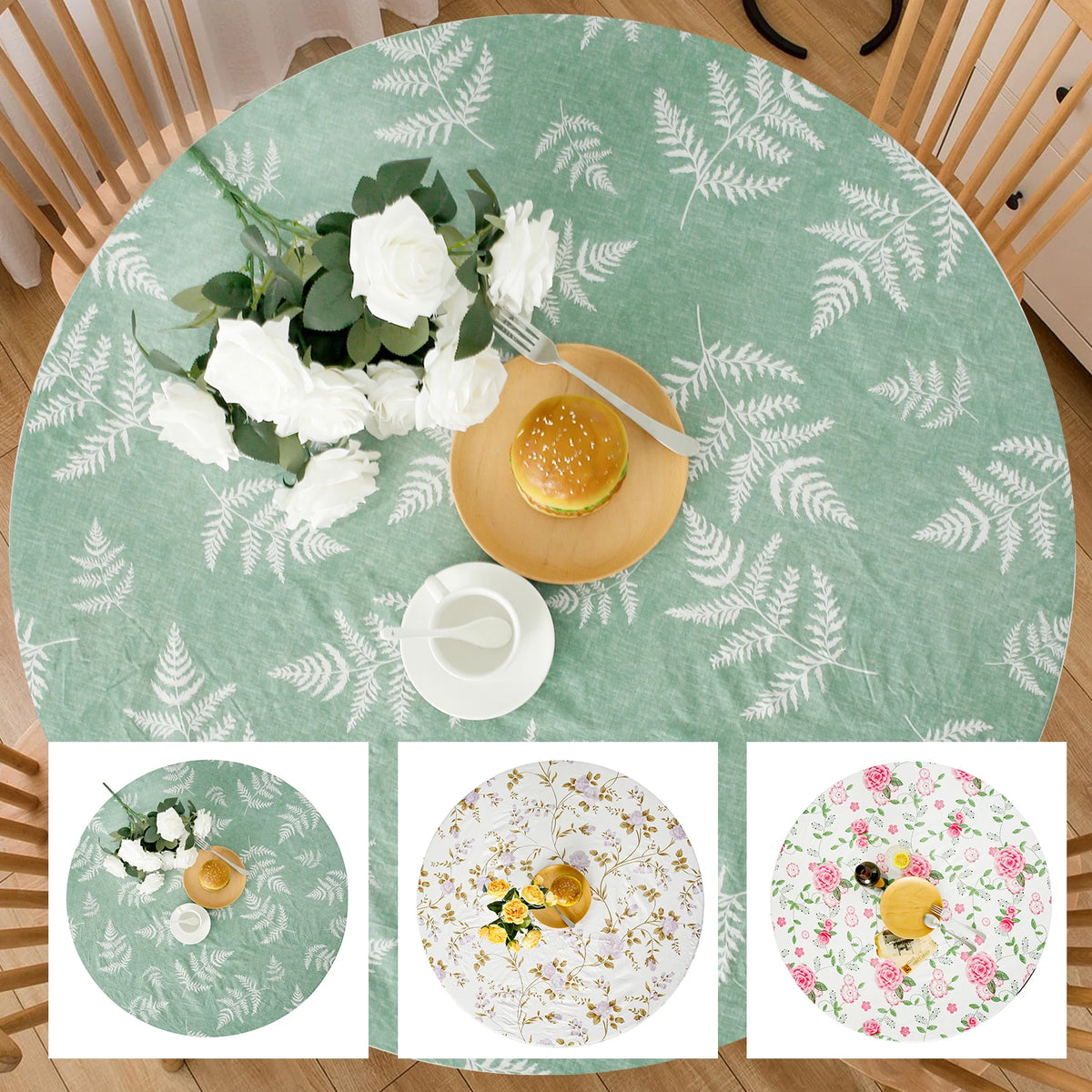 nappe ronde vinyle imperméable motif floral classique noël table decoration vert blanc rose