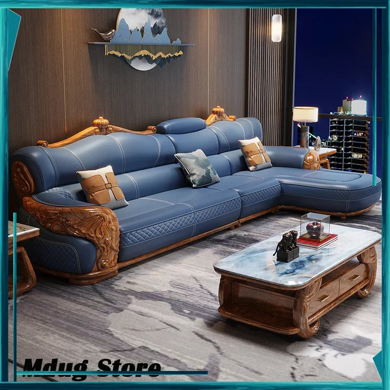 Canapé d'angle bleu cuir ornements dorés coussins décoratifs classique moderne salon shape