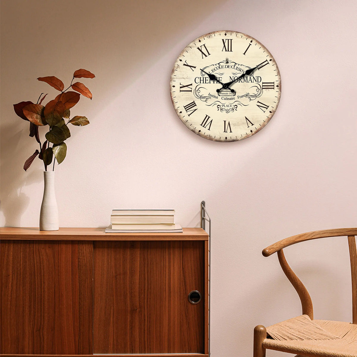 horloge murale vintage bois blanc brun chiffres romains aiguille silencieuse quartz unique classic